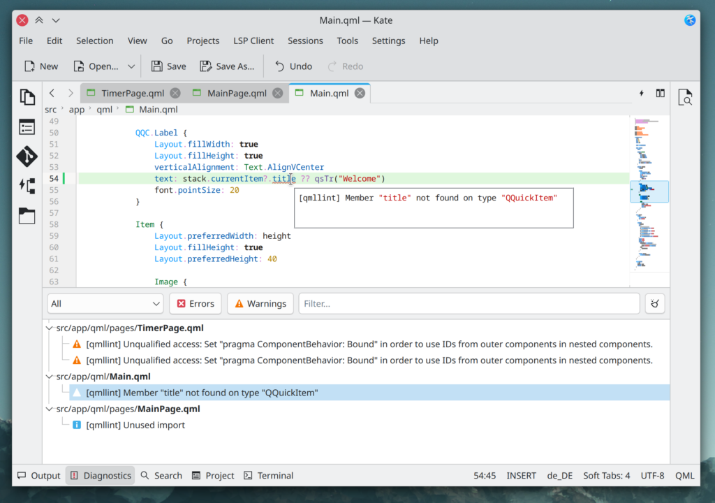 KDE’s Kate editor illustrating some of qmlls’s capabilities